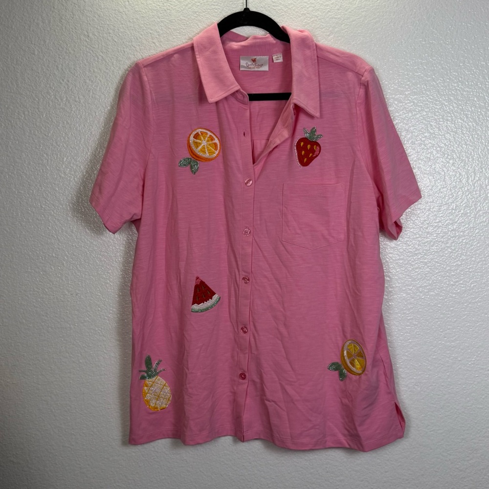 Quacker Factory Pink‎ Fruit Embroidered Button Down Shirt